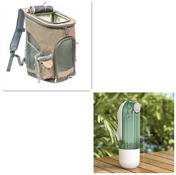 Collage of a pet carrier and a portable water bottle with measurement details.