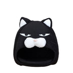 Black cat-shaped pet bed with white face and ears on a white background