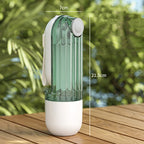 Green and white spray bottle with measurements on a wooden surface and blurred green background