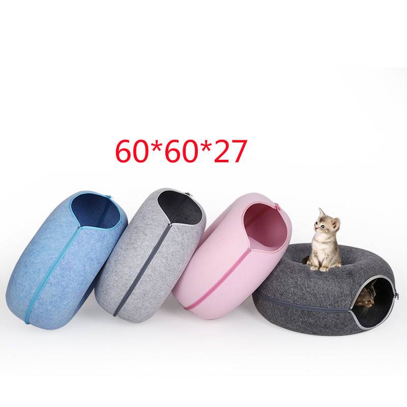 Four pet beds in different colors with a cat inside one of them, on a white background.