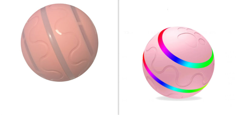 Two different views of a pink ball with colorful lighting effects on a white background.